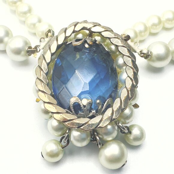 1950s Double Strand Pearl Necklace  w/Blue Enamel  & Rhinestone Floral Pendant - Picture 1 of 13